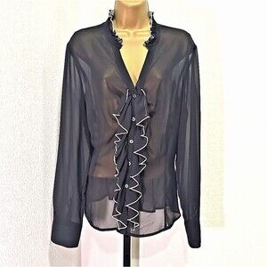 Black Sheer Ruffle Button Top Lg Fairy Goth Victorian Poet Illusion Dark Romance